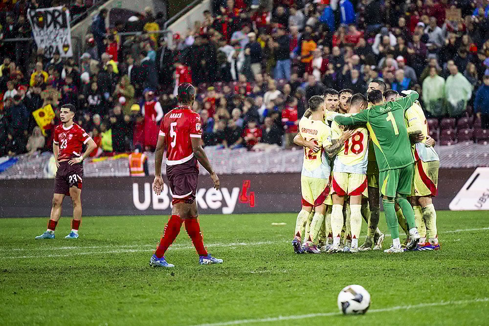 | Photo: Jean-Christophe Bott/Keystone via AP : 2024–25 UEFA Nations League, Switzerland vs Spain: Spain's soccer players celebrate the victory